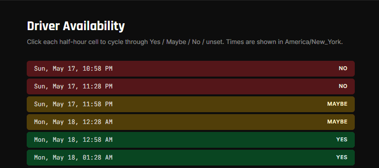 StintIQ availability grid with half-hour cells showing Yes, Maybe, and No states