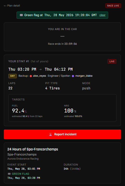Report incident button on race-day mobile