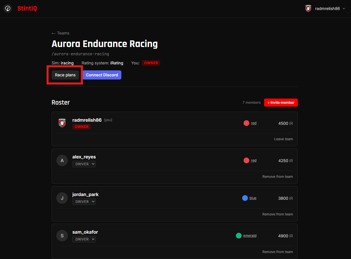 The team detail page with the Race plans link in the header highlighted by a red rectangle.