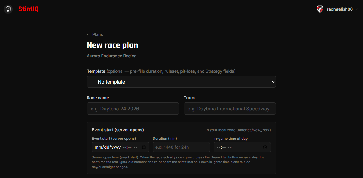 The plan-create form's top section showing the Template dropdown, Race name, Track, and Event start (server opens) field — the single race anchor captains enter at planning time.