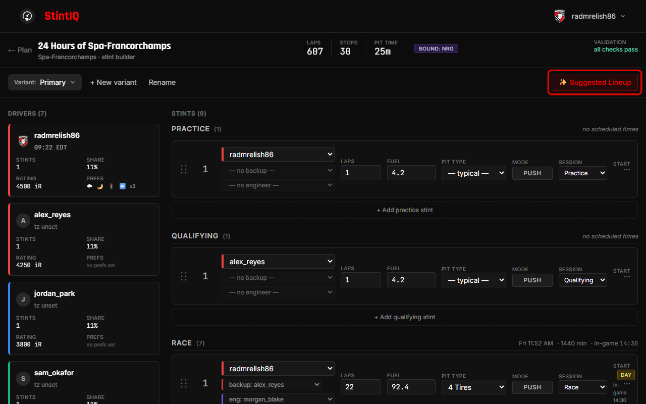 The stint builder sticky header with the variant picker on the left and the "Suggested Lineup" button highlighted by a red rectangle on the right.