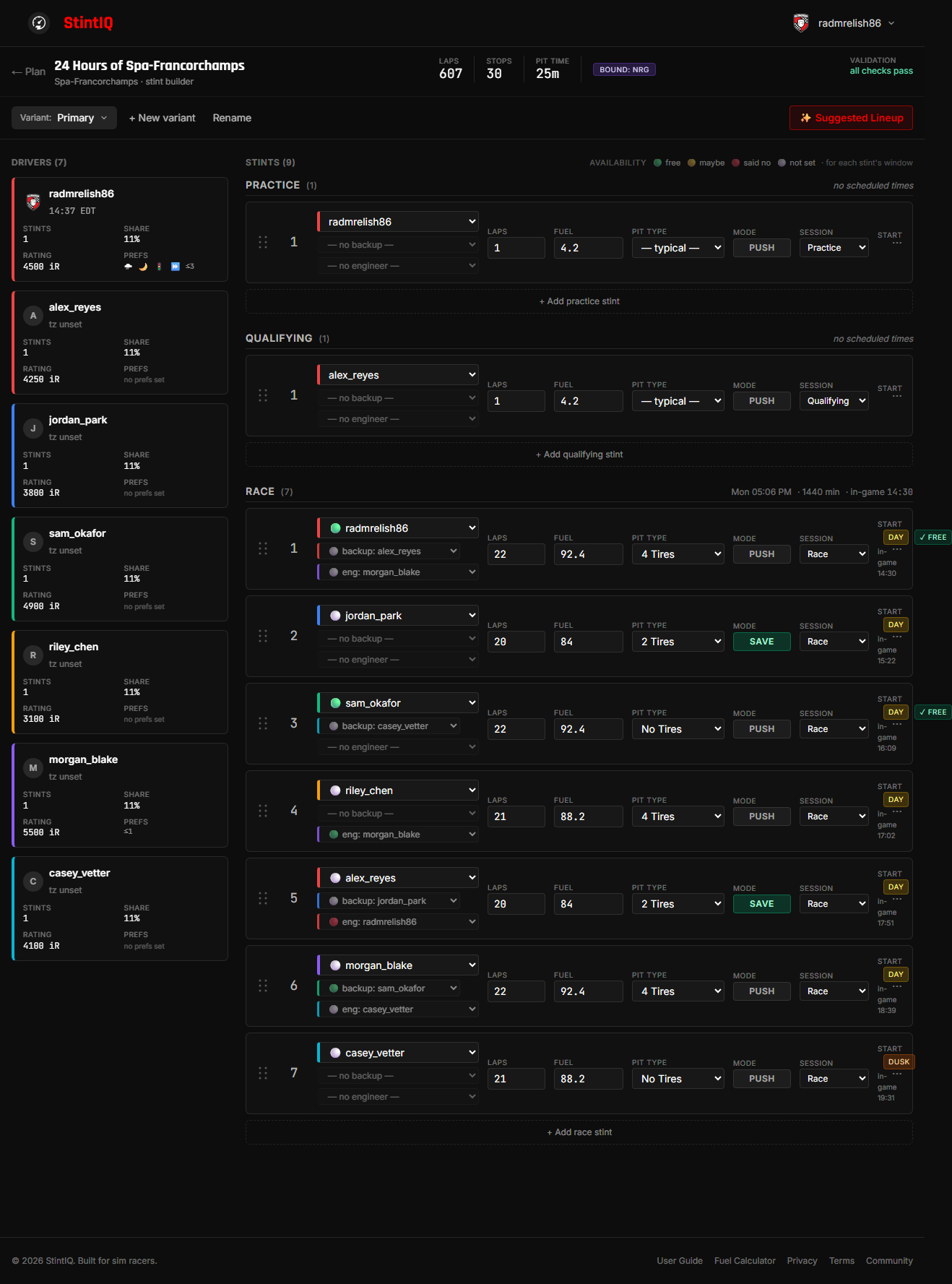 The stint builder RACE timeline. Each stint row's driver, backup, and engineer dropdowns are prefixed with a coloured availability dot for that stint's window, and the assigned primary carries a small badge (green "free" or a "said no" conflict flag). A legend under the Stints header reads: green free, yellow maybe, red said no, grey not set.