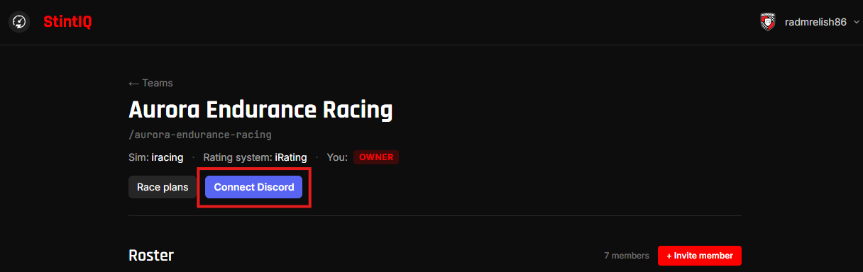 The team detail page with the Connect Discord button highlighted by a red rectangle.