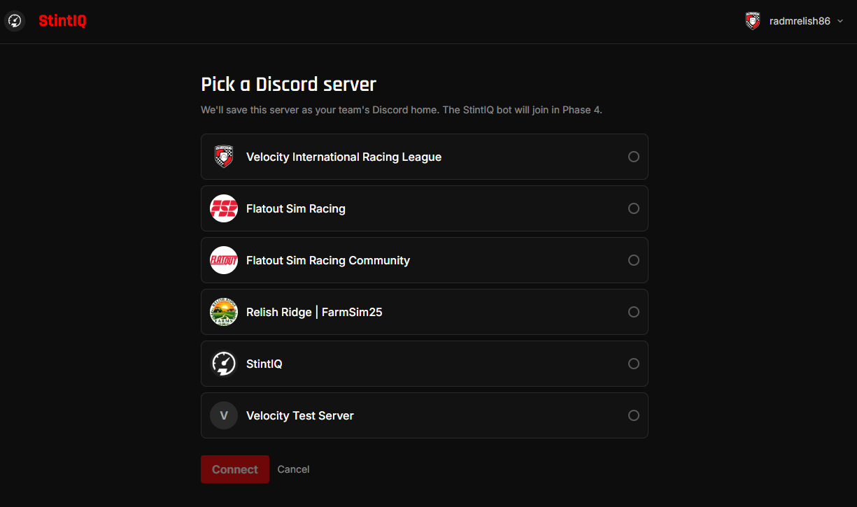 The guild picker on the Discord-connect callback page, listing the Discord servers where you have Owner, Administrator, or Manage Server permission.