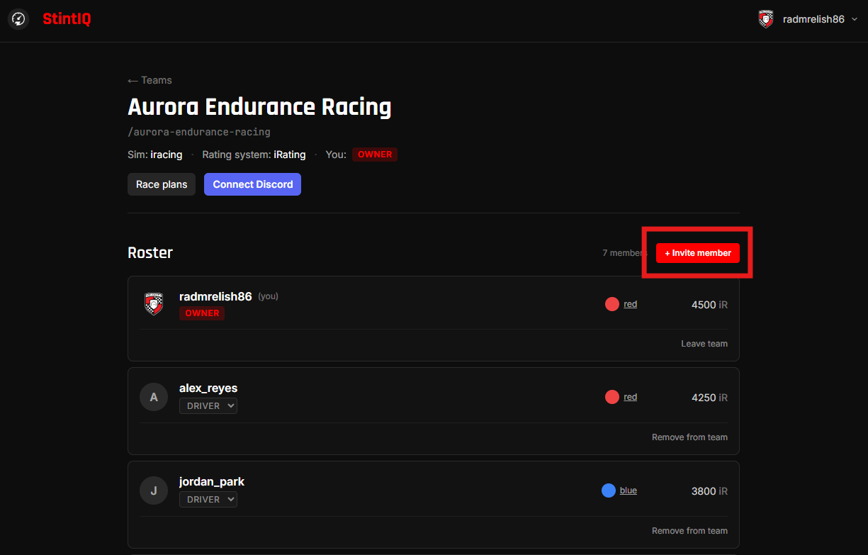 The team detail page with the + Invite member button highlighted by a red rectangle.