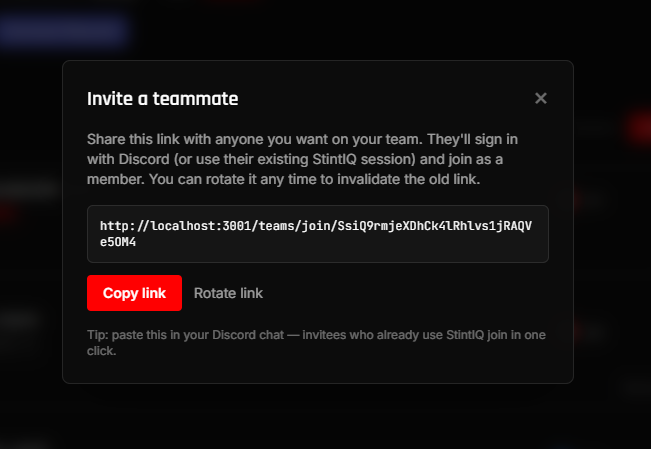 The Invite Modal showing the auto-minted invite URL with a Copy button.