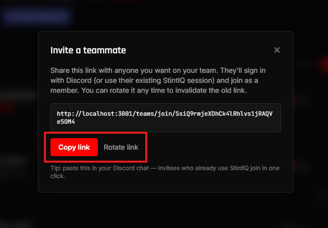 The Invite Modal with the Rotate and Disconnect controls highlighted by red rectangles.