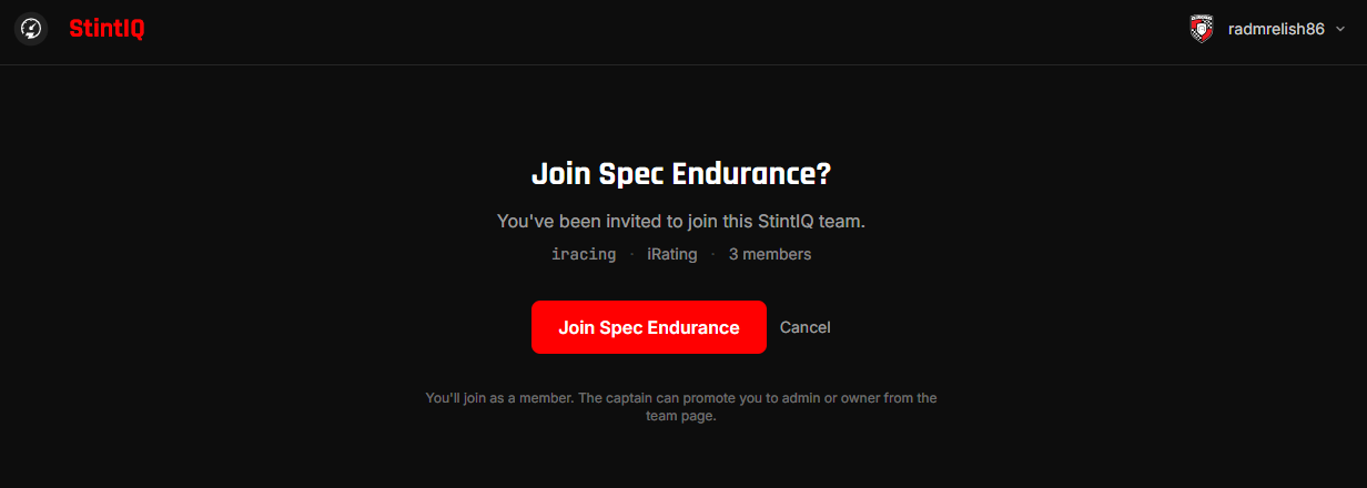 The invite redemption page showing the team name, sim, rating system, and current member count.