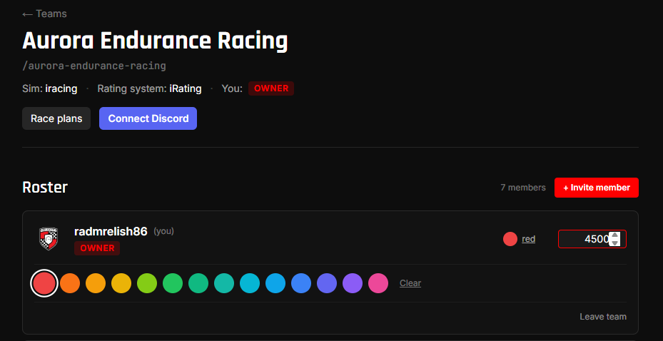 The team detail page roster row with the color palette picker open and the skill-rating editor active.