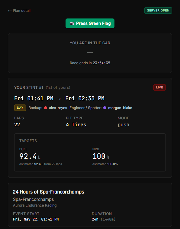 The race-day view with the countdown reading "Server is open. Awaiting Green Flag." and the 🏁 Press Green Flag button visible at the top of the page.