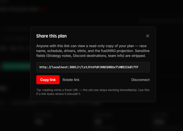 The Share modal with an auto-minted read-only share URL and a Copy button.
