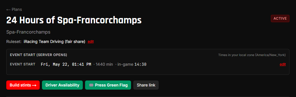 The plan detail page header showing the 🏁 Press Green Flag button after the captain's published Event start time has passed.
