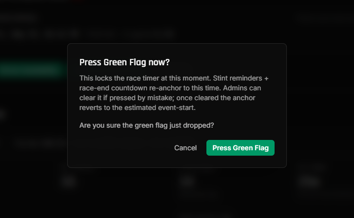 The Green Flag confirm modal: "Press Green Flag now? This locks the race timer at this moment." with Cancel and Press buttons.