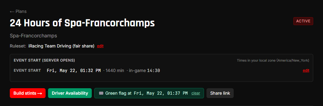 The plan detail page header after Green Flag has been pressed, showing "Green flag pressed at:" timestamp with an admin "clear" link next to it.
