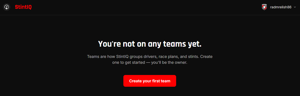 The /teams page in its empty state, with the "Create your first team" CTA highlighted by a red rectangle.