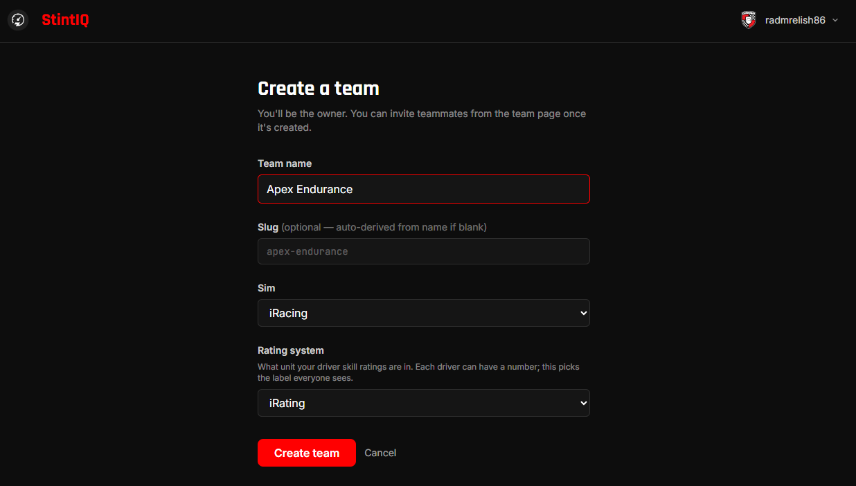 The /teams/new form filled in with a team name, sim, and rating system.