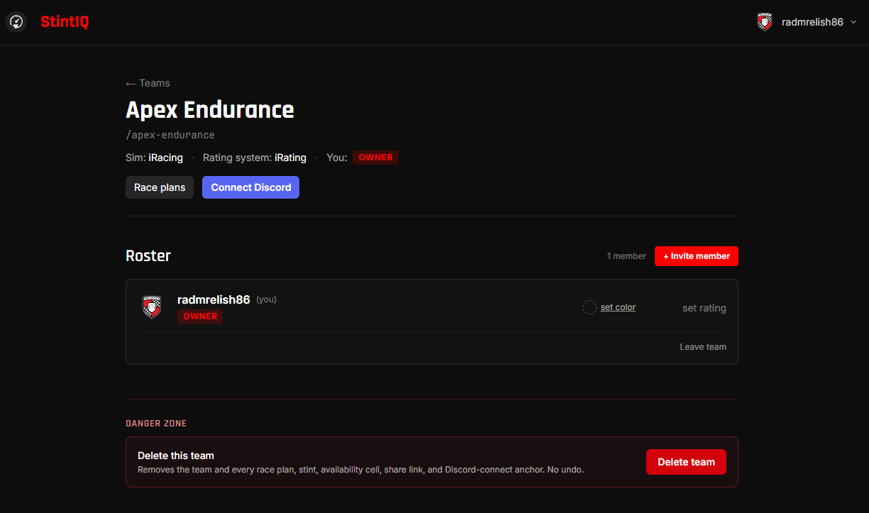 The team detail page right after creation, showing the team header with the Owner badge, an empty roster of one, and the Race plans / Invite member / Connect Discord controls.