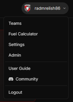 The user-avatar dropdown open, showing Teams, Fuel Calculator, Settings, Admin, User Guide, Community, and Logout entries.