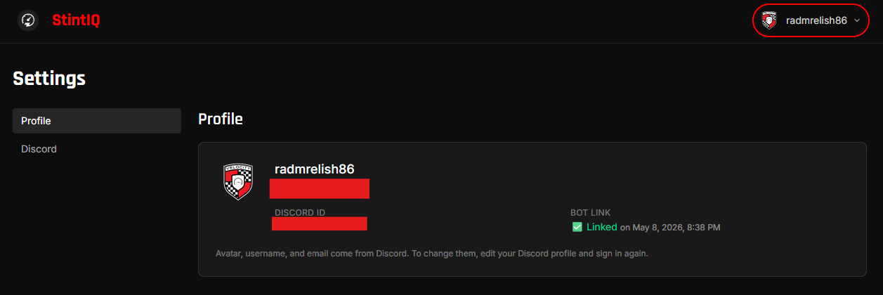 The Profile page Identity card showing Discord avatar, username, email, and the bot-link status.