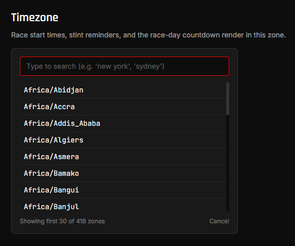 The Timezone picker expanded with the search input and a filtered list of IANA timezone options.