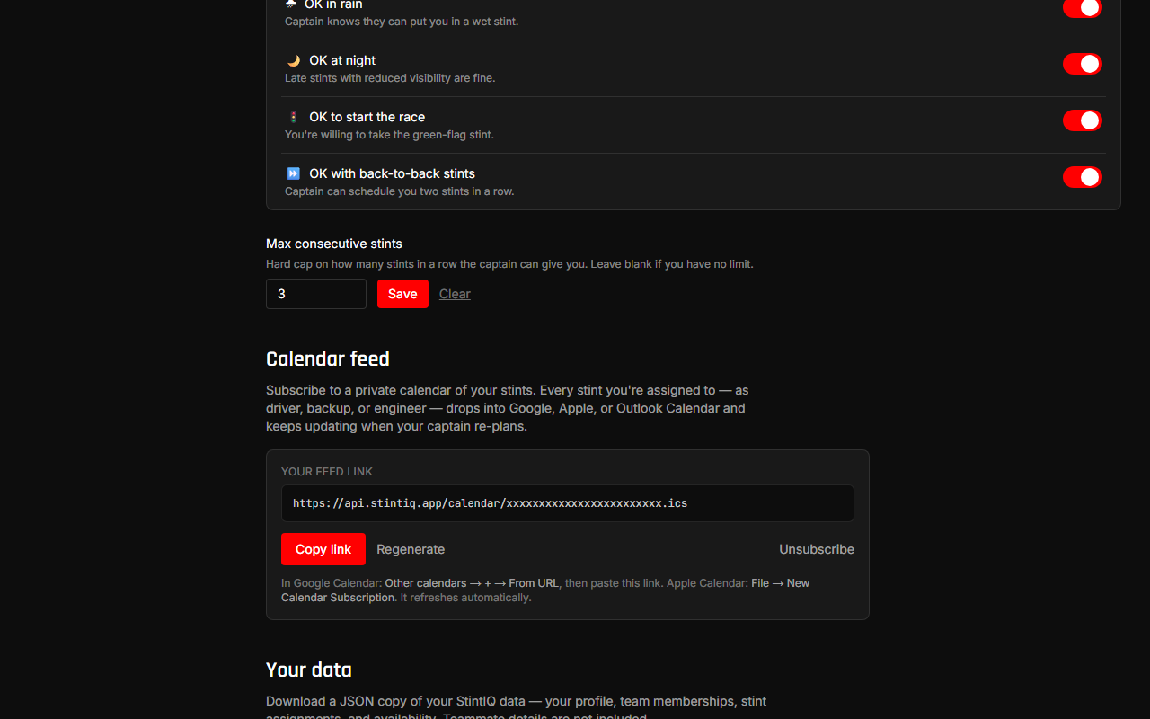 The Calendar feed section showing the Subscribe to my stints button and, once subscribed, the feed URL with Copy, Regenerate, and Unsubscribe controls.