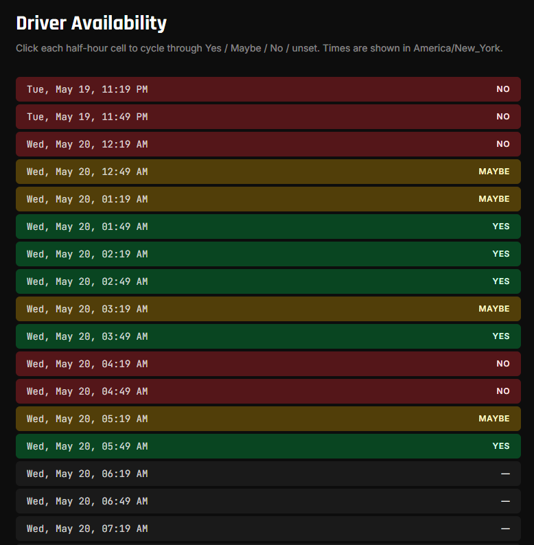 The signup grid showing a mix of Yes (green), Maybe (yellow), and No (red) cells across half-hour windows.