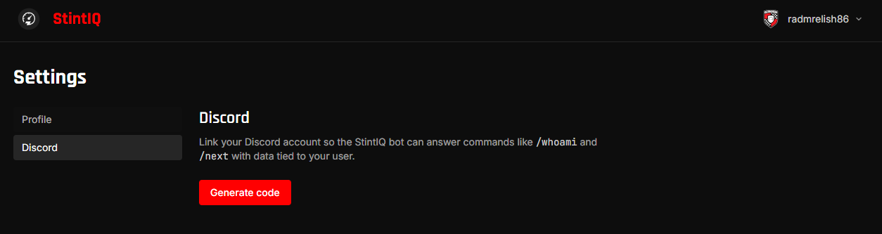 The Settings / Discord page in the unlinked state, showing the Generate code button.
