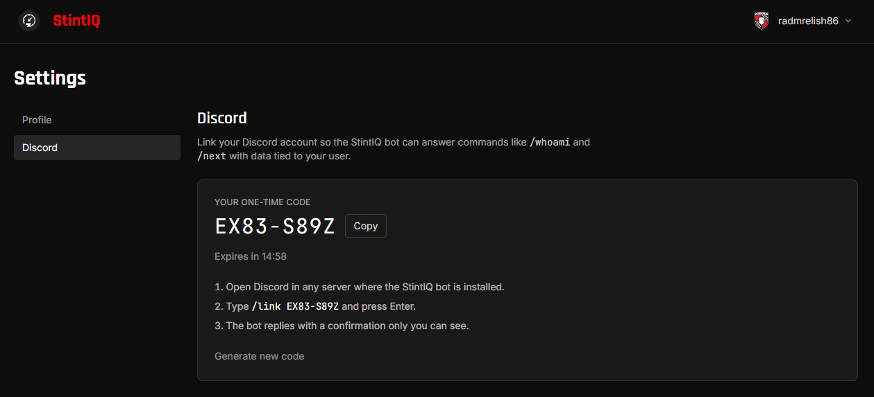 The Settings / Discord page showing a freshly generated 8-character link code with a 15-minute expiry countdown.