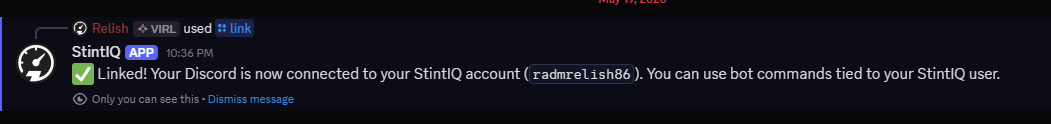 Discord client showing the /link command invoked with the code and the bot's ephemeral ✅ Linked reply.