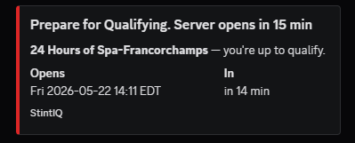 A Discord DM from the StintIQ bot at T-15 minutes before server-open for the qualifying driver: red embed titled "Prepare for Qualifying. Server opens in 15 min" with "you're up to qualify" in the description.